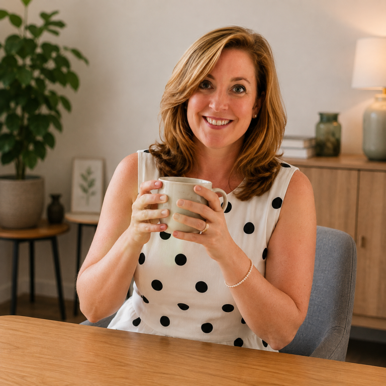 Profilbild von Katharina Henger Frau, die Kaffeetasse in der Hand hält und lächelt